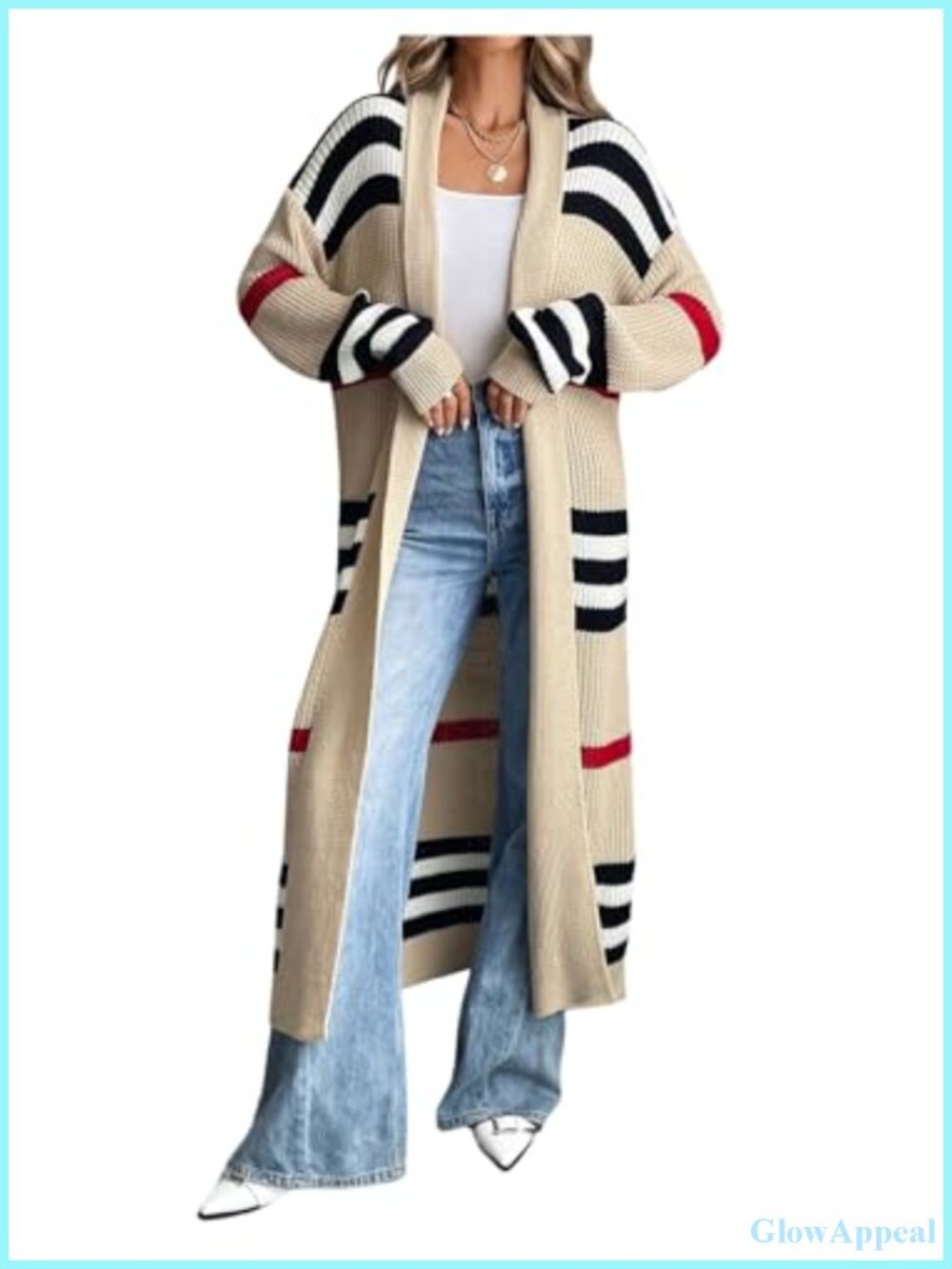 WDIRARA Women's Striped Open Front Long Cardigan Sweaters Colorblock Long